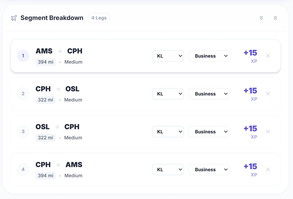 SkyStatus XP Simulator Segment Breakdown: 4 legs AMS-CPH-OSL-CPH-AMS, elk +15 XP, KL Business Class