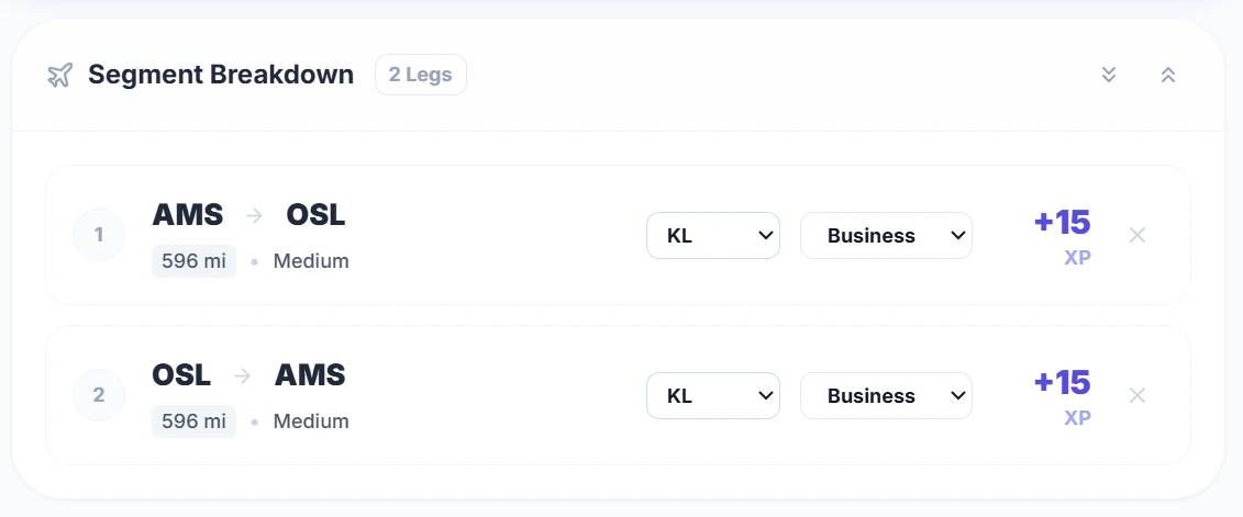 SkyStatus XP Simulator Segment Breakdown: 2 legs AMS-OSL-AMS direct, elk +15 XP