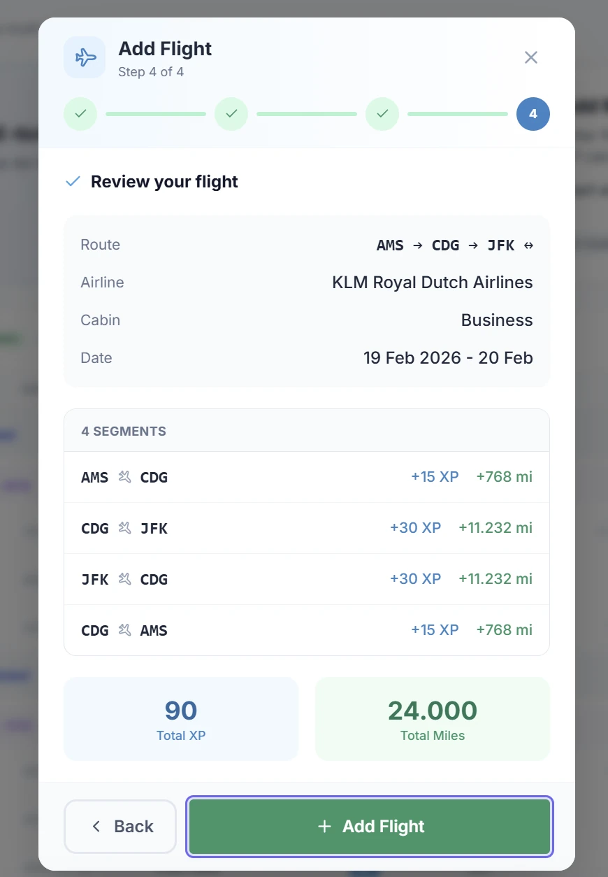 SkyStatus Add Flight wizard stap 4: AMS-CDG-JFK route, 4 segmenten, 90 XP totaal, 24.000 miles