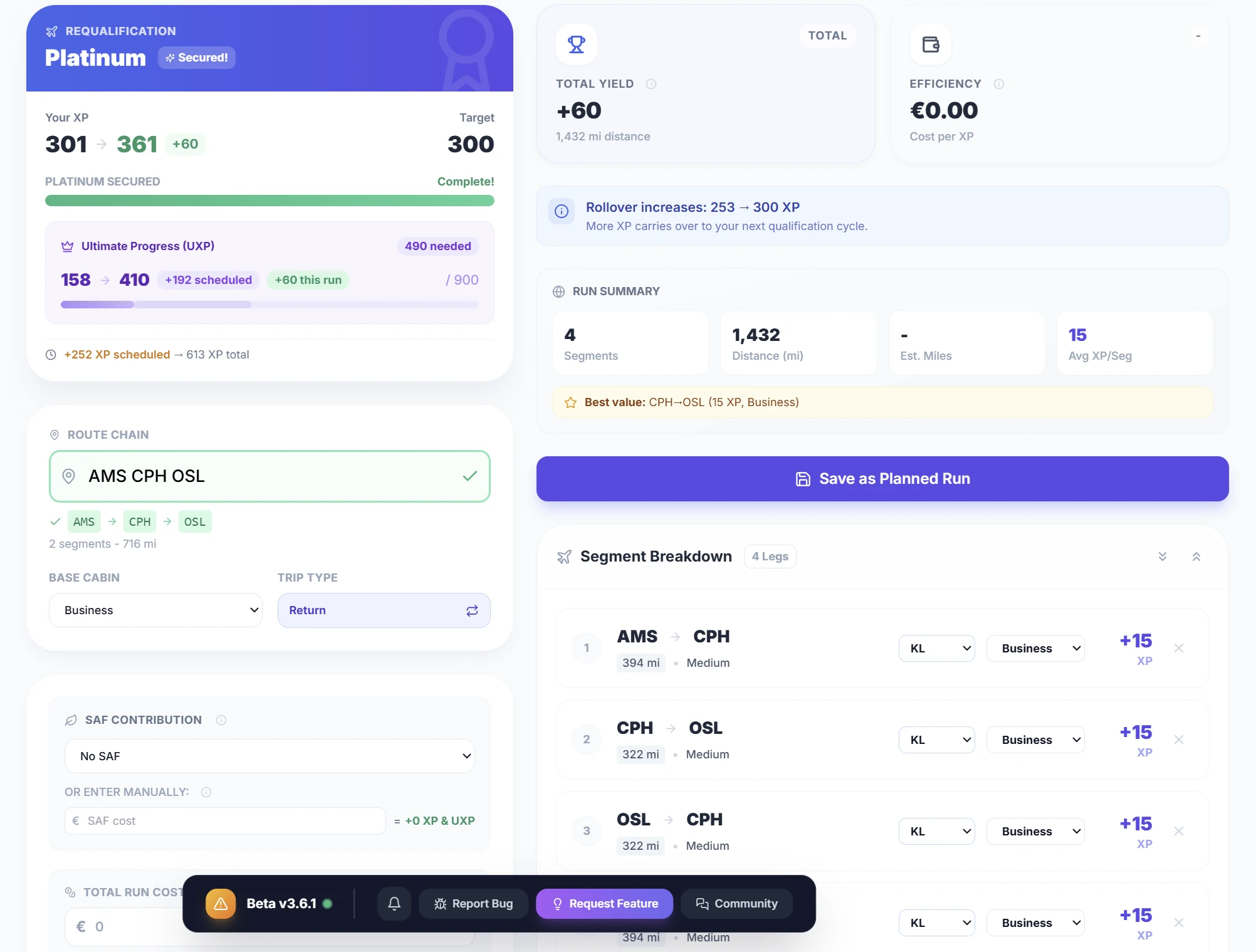 SkyStatus XP Simulator: AMS-CPH-OSL route via hub, 4 legs, +60 XP totaal, met Segment Breakdown en Run Summary