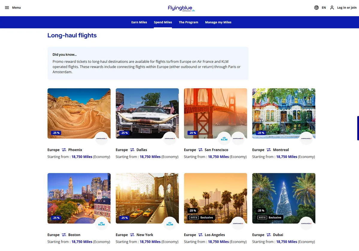 Flying Blue long-haul rewards page with destinations from 18,750 miles Economy one-way
