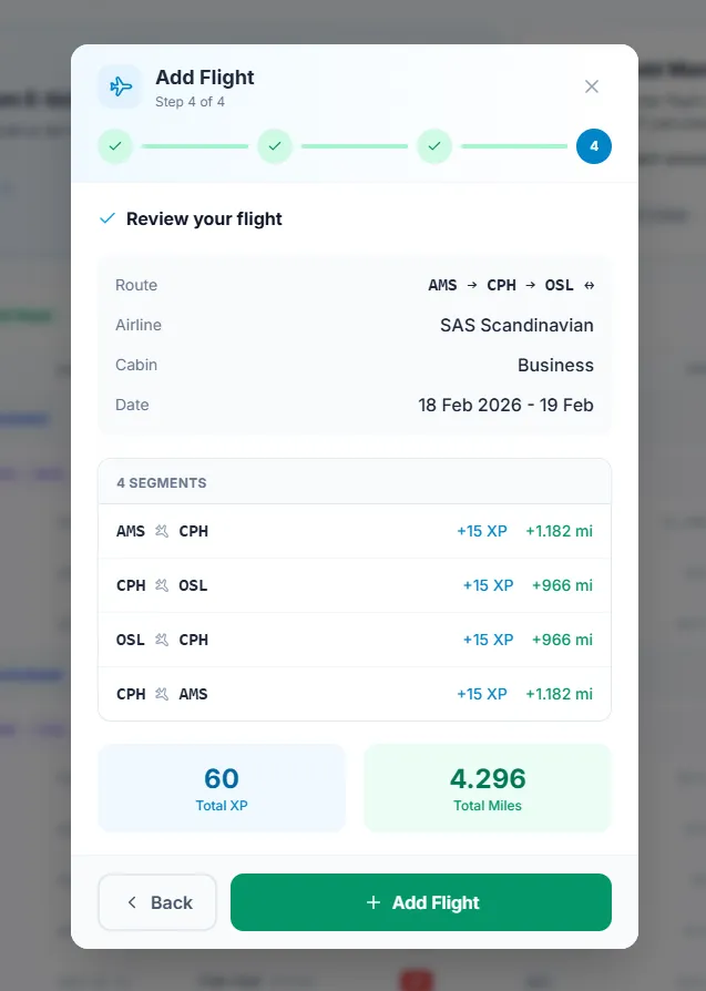 SkyStatus Add Flight wizard: SAS Business Class AMS-CPH-OSL with 60 XP and 4,296 miles per segment
