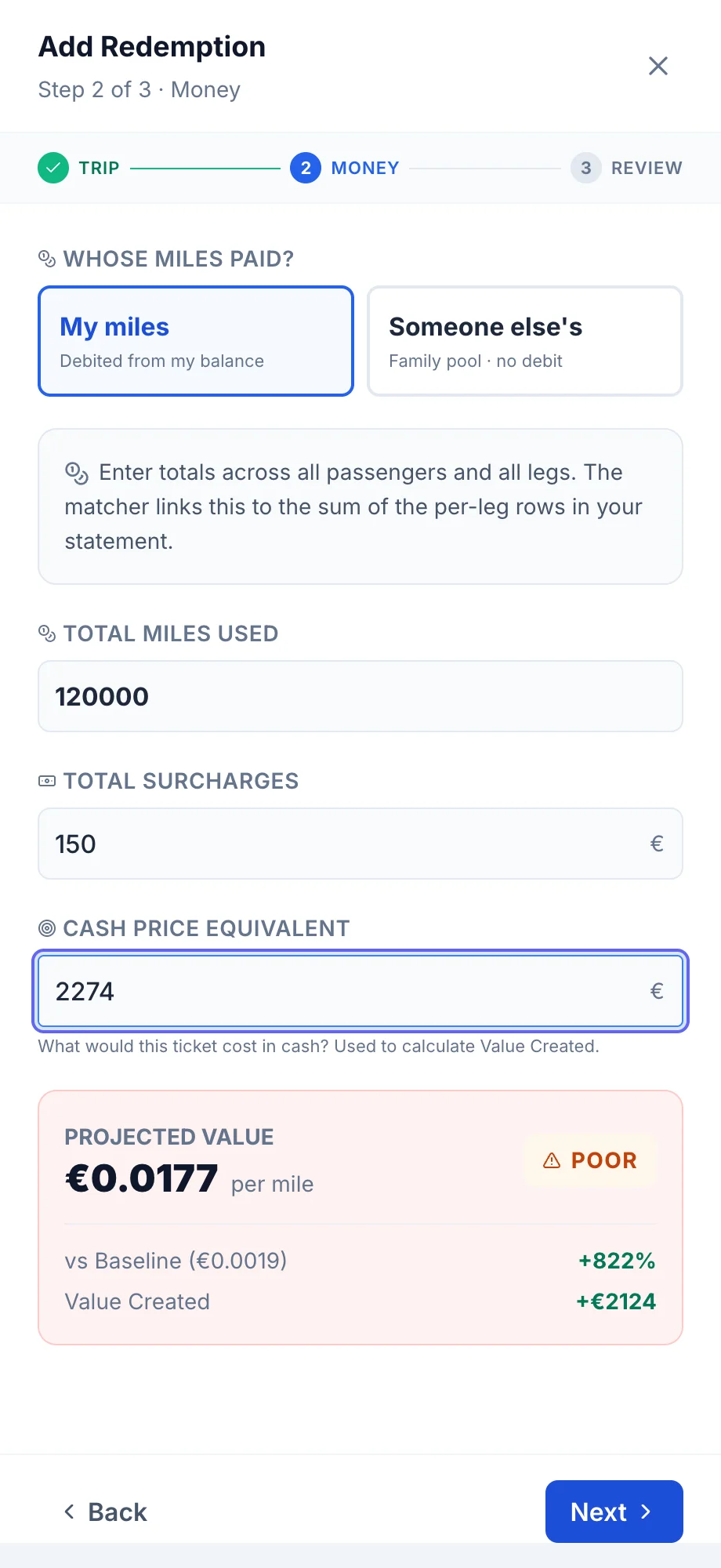 Calculateur d’échange SkyStatus, étape Money : 120 000 Miles utilisés, 150 € de surtaxes, billet de 2 274 €, valeur projetée de 0,0177 € par Mile avec badge POOR