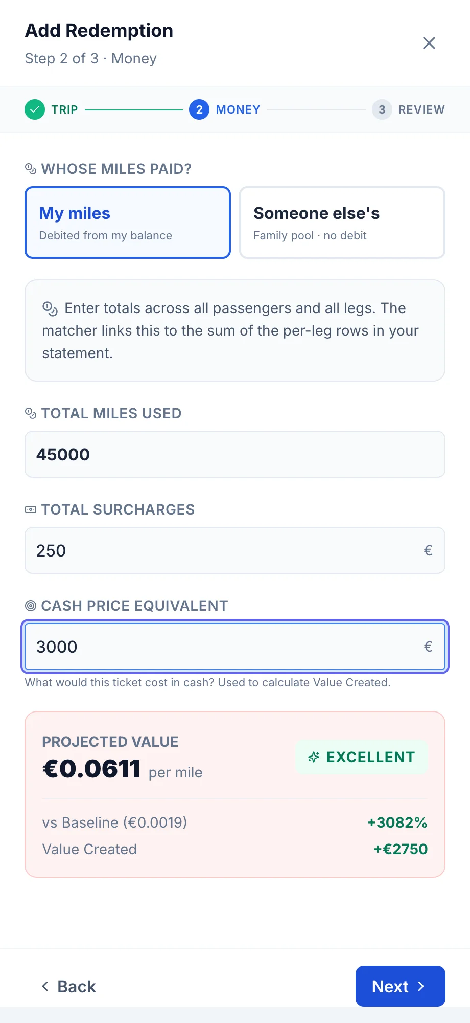 Calculateur d’échange SkyStatus, étape Money : 45 000 Miles utilisés, 250 € de surtaxes, billet de 3 000 €, valeur projetée de 0,0611 € par Mile avec badge EXCELLENT
