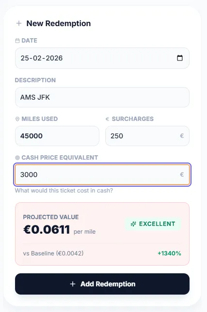 SkyStatus Redemption Calculator: AMS-JFK for 45,000 miles with value EUR 0.0611 per mile, rated EXCELLENT