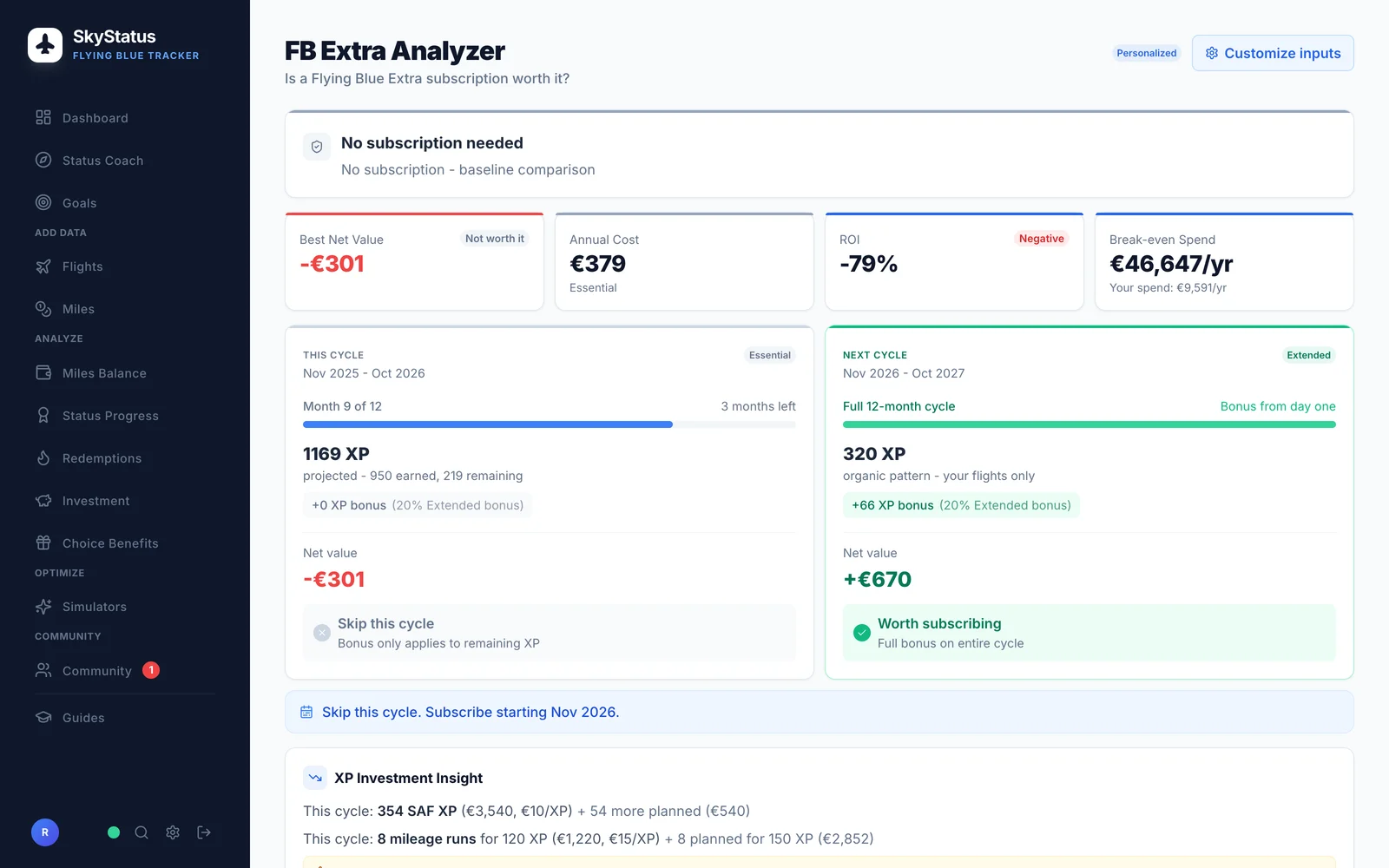 SkyStatus FB Extra Analyzer mit Urteil: bester Nettowert -301 EUR (Not worth it), Jahreskosten 379 EUR, ROI -79 %, Break-even-Ausgaben 46.647 EUR pro Jahr, Vergleich dieses Zyklus mit dem nächsten (+670 EUR Nettowert, Worth subscribing)