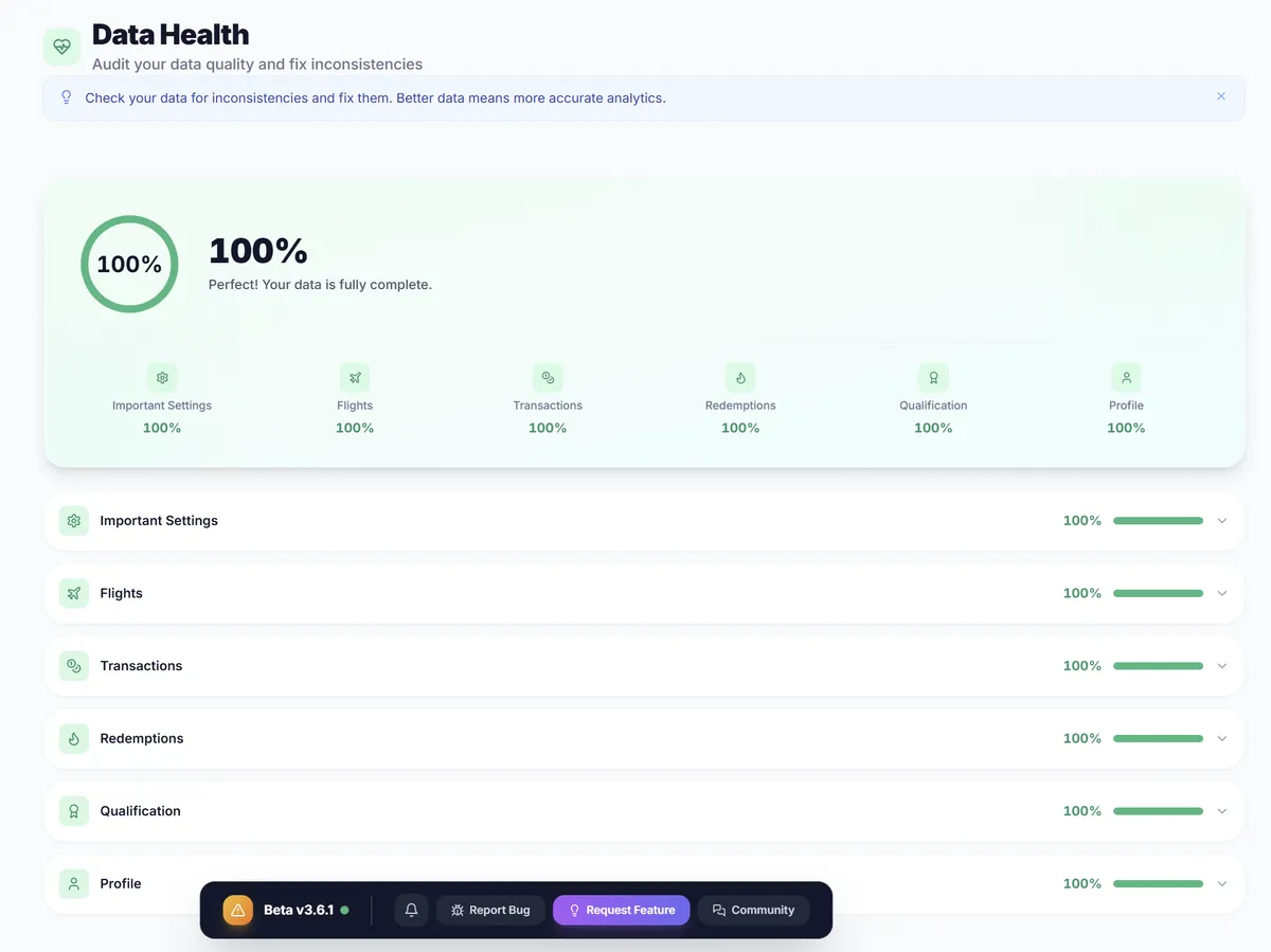 SkyStatus Data Health pagina met 100% totaalscore met zes categoriecontroles die allemaal slagen: Belangrijke Instellingen, Vluchten, Transacties, Inwisselingen, Kwalificatie en Profiel, elk met groene voortgangsbalken