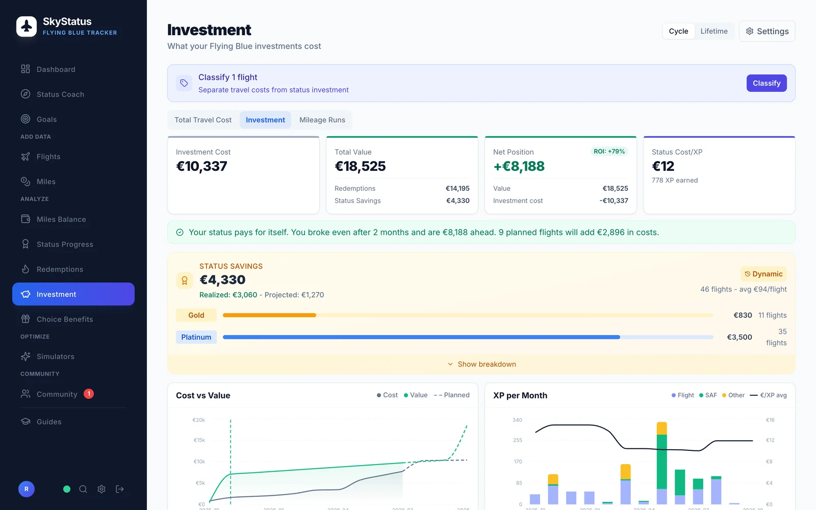SkyStatus Investment-Seite mit Investitionskosten von 10.337 Euro, Gesamtwert von 18.525 Euro, Netto-Position von +8.188 Euro bei +79 % ROI, Status-Kosten von 12 Euro pro XP, Status-Savings-Panel und Kosten-vs.-Wert-Diagramm