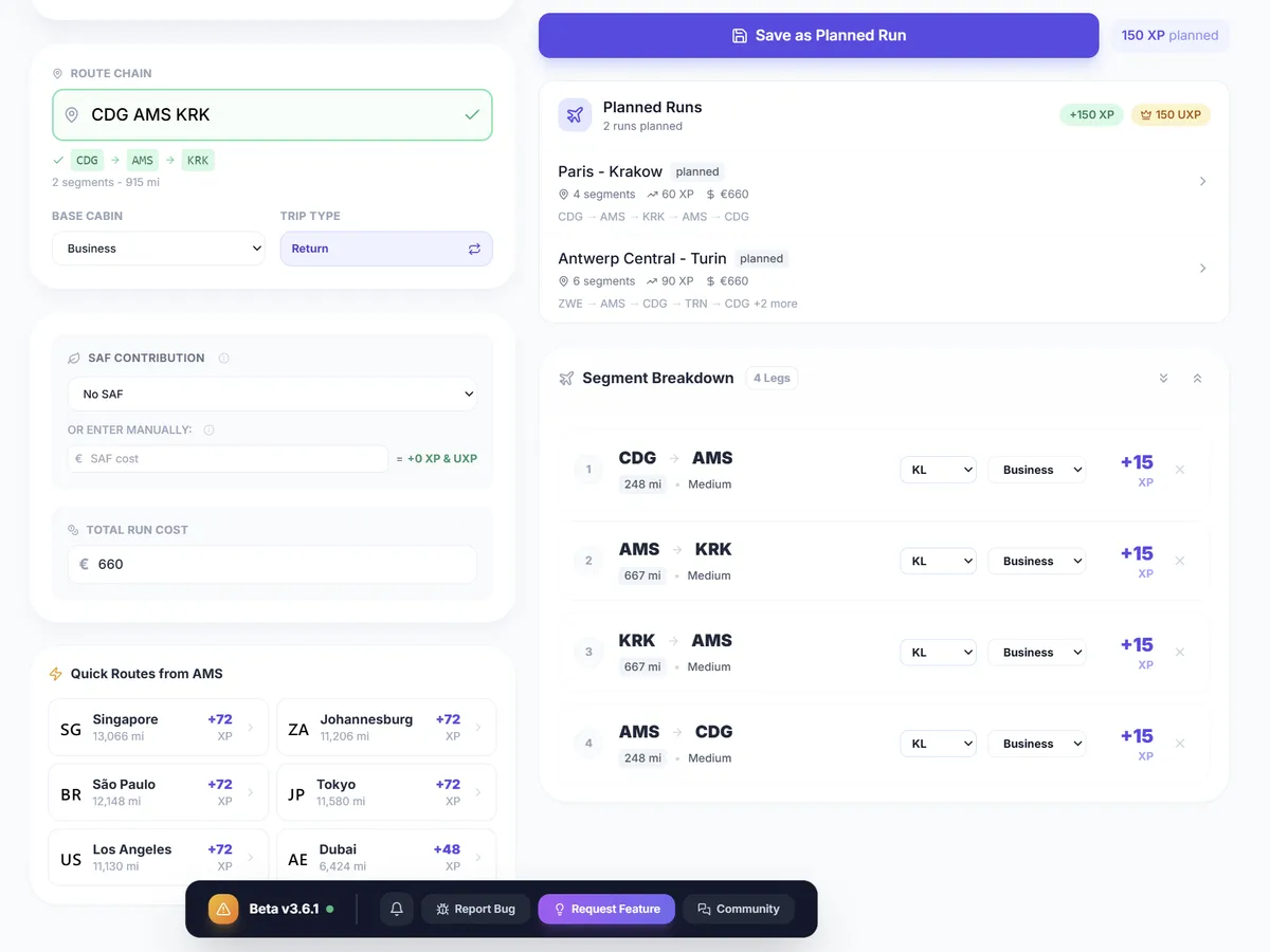 SkyStatus geplande XP runs overzicht met opgeslagen routes met datums, XP-totalen en cumulatieve impact op kwalificatievoortgang