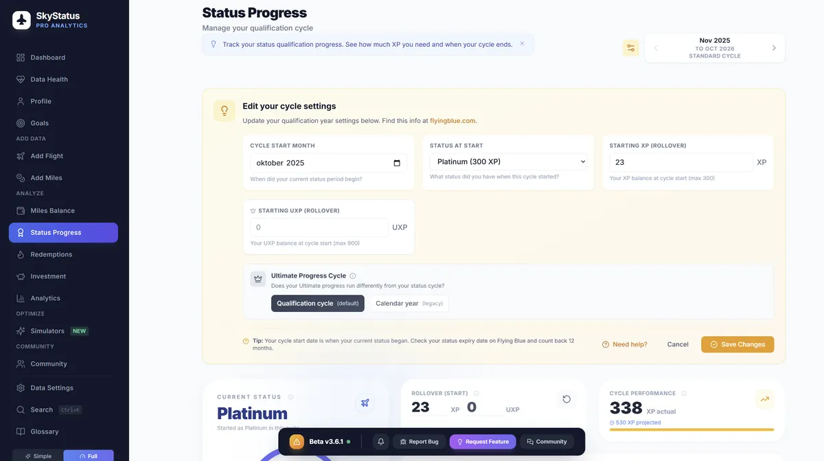 SkyStatus rollover-prognosepaneel met huidige overschot-XP, voorspeld rollover-bedrag, limietwaarschuwing en kwalificatiedatum-aftelling