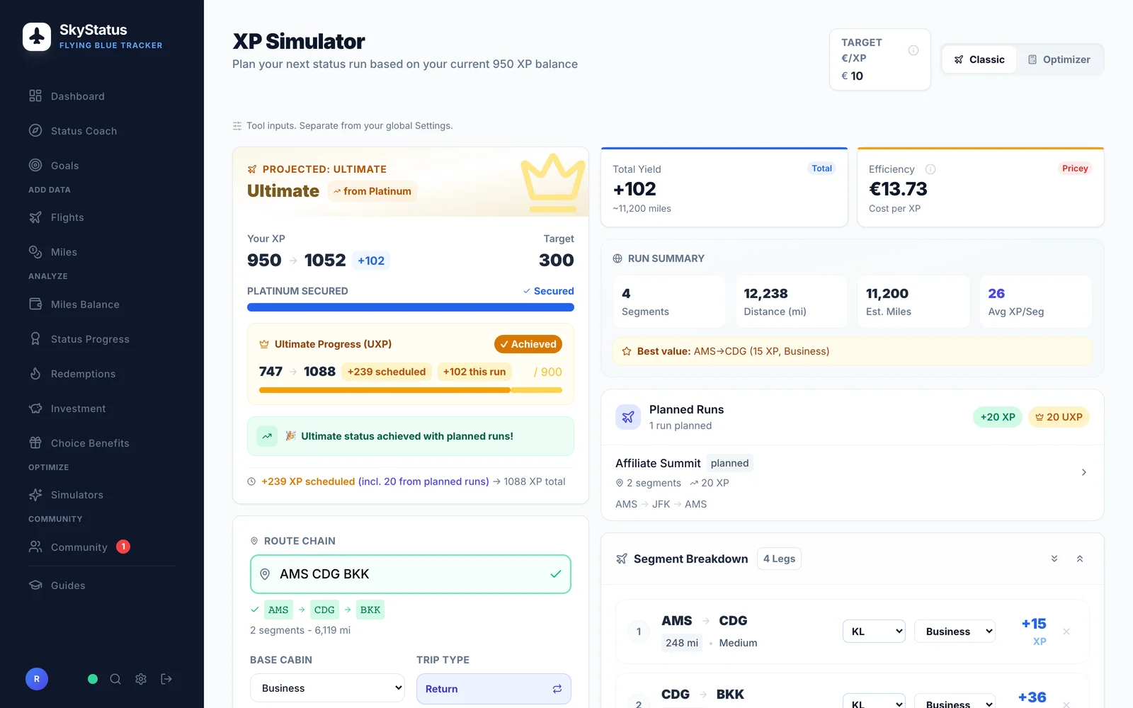 SkyStatus XP Simulator mit Route AMS-CDG-BKK als Hin- und Rückflug in Business: Total Yield +102 XP, Kosten pro XP 13,73 EUR mit Pricey-Badge, Run Summary mit 4 Segmenten und Segment Breakdown