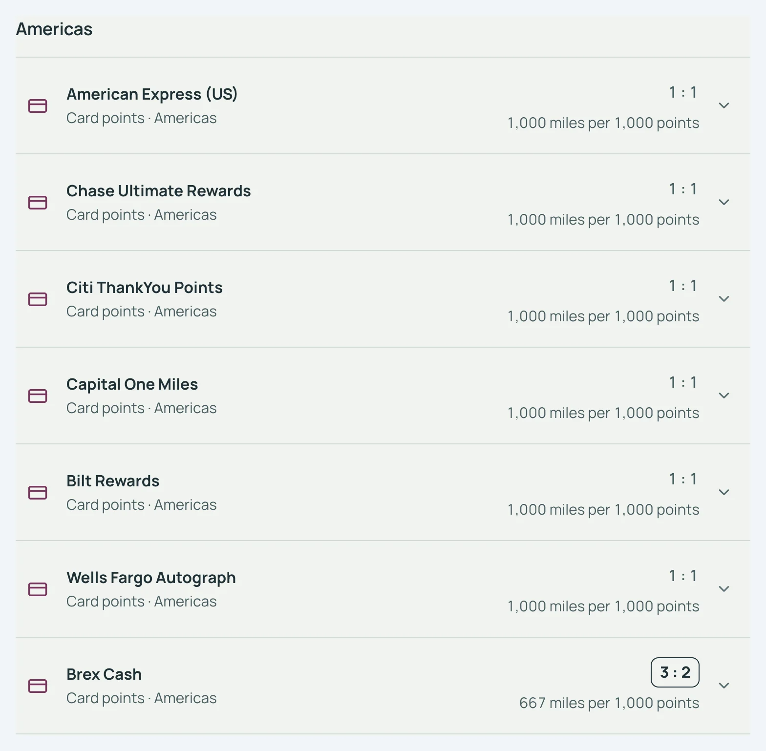 SkyStatus Transfer partners, Americas group: American Express (US), Chase Ultimate Rewards and four more at 1:1, Brex Cash at 3:2.