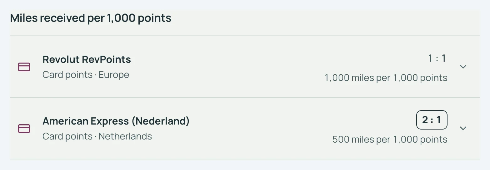 SkyStatus Transfer partners per 1.000 punten: Revolut RevPoints 1:1 voor 1.000 miles, American Express (Nederland) 2:1 voor 500 miles.