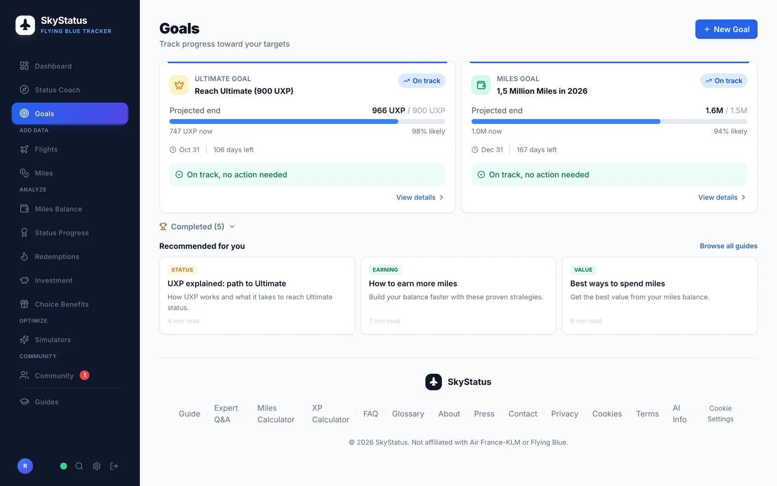 SkyStatus Goals pagina met twee actieve doelen: Ultimate Goal Reach Ultimate 900 UXP met 747 UXP nu, geprojecteerd einde 966 UXP, 98 procent kans en deadline 31 oktober, en Miles Goal 1,5 miljoen miles in 2026 met 1,0 miljoen nu en 1,6 miljoen geprojecteerd, beide On Track