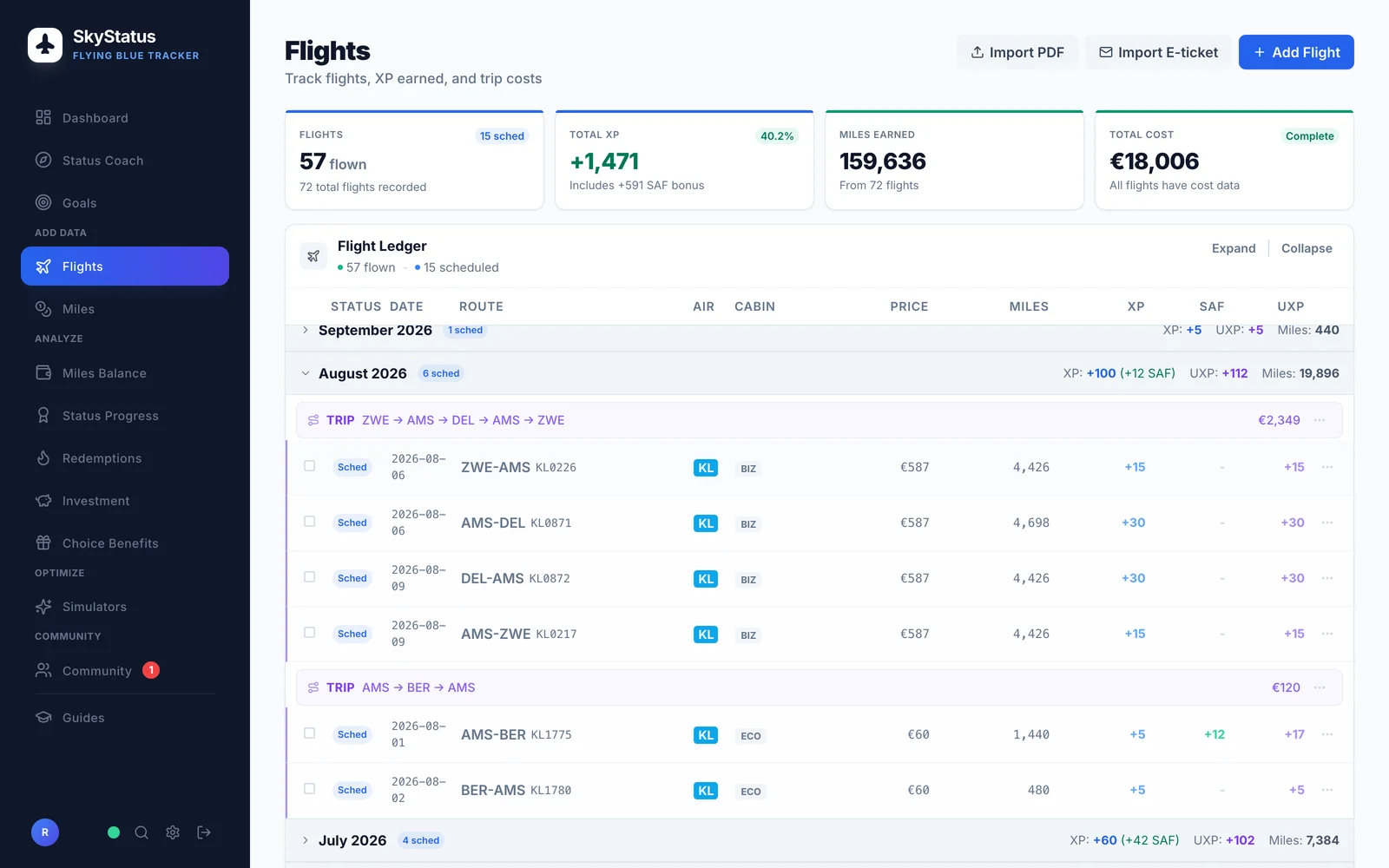 SkyStatus Flight Ledger met geplande vluchten in augustus 2026: KLM Business trip ZWE-AMS-DEL-AMS-ZWE met +15 en +30 XP per segment en evenveel UXP, plus een AMS-BER-AMS Economy trip, maandtotaal XP +100 en UXP +112
