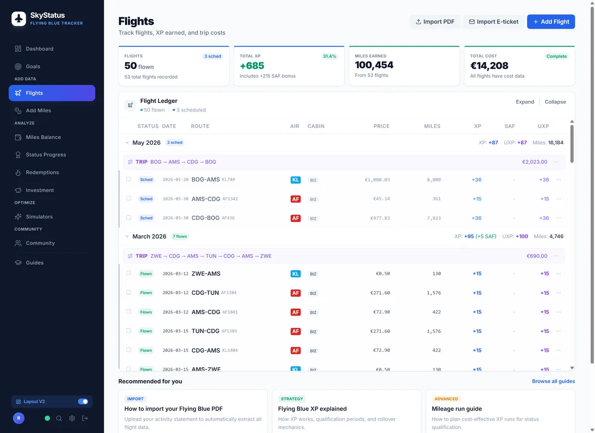SkyStatus Flight Ledger met 42 gevlogen en 11 geplande vluchten: mei 2026 toont 3 geplande Business Class vluchten Air France en KLM BOG-AMS, AMS-CDG, CDG-BOG met XP +87 en UXP +87, maart 2026 toont 7 geplande Business Class Air France vluchten CDG-AMS-ZWE-CDG-TUN route met XP +95 en UXP +95