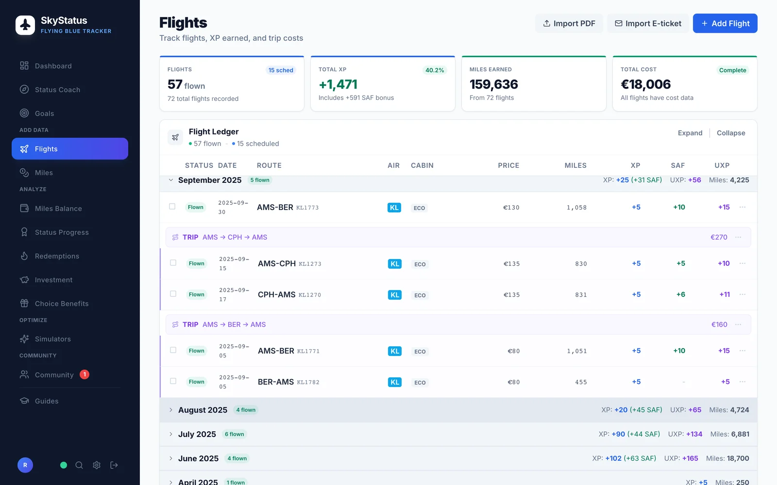 SkyStatus Flight List met KLM Economy vluchten in september 2025: AMS-BER en de retours AMS-CPH en AMS-BER met aparte kolommen voor XP, SAF-bonus en UXP per vlucht, maandtotaal september toont XP +25, SAF +31 en UXP +56