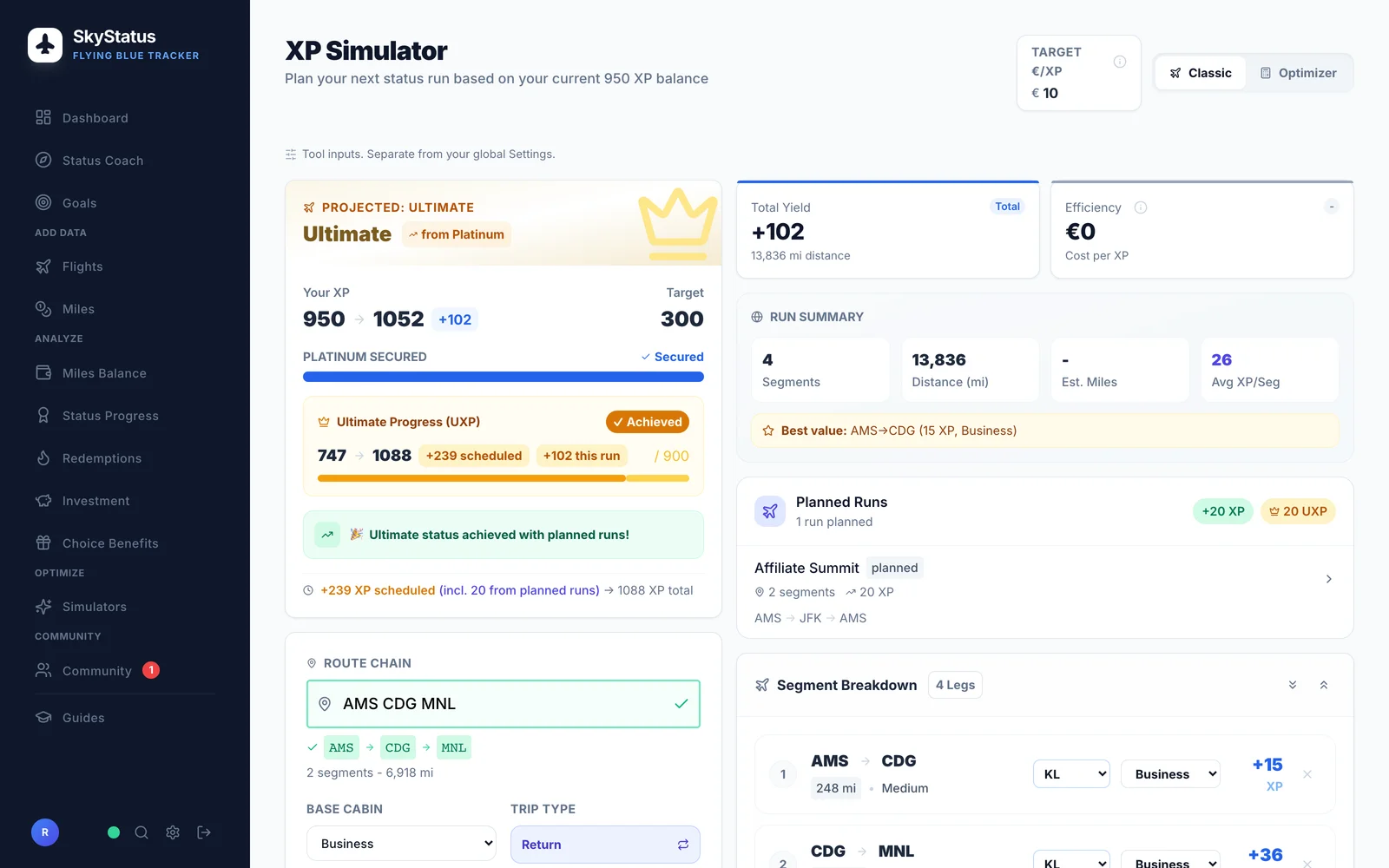 SkyStatus XP Run Planner met Business Class retourroute AMS-CDG-MNL via Parijs: 4 segmenten, 13.836 mijl afstand, opbrengst +102 XP, Platinum Secured op 950 actual naar 1.052 met target 300, Ultimate Progress van 747 actual plus 239 scheduled plus 102 van deze run naar 1.088 van 900 UXP
