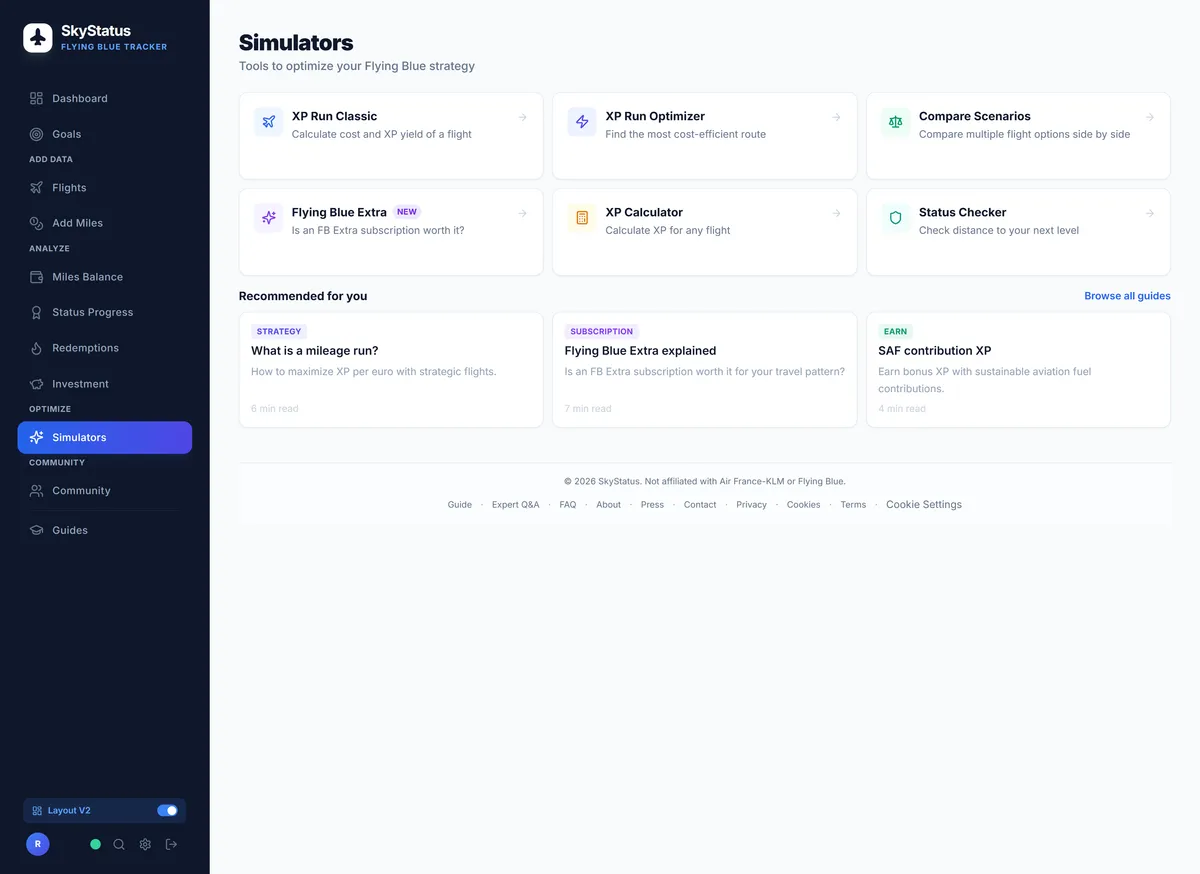SkyStatus XP Run Planner met Business Class retourroute AMS-CDG-MNL via Paris: 4 segmenten, 13.836 mijl afstand, opbrengst +102 XP, Platinum Secured indicator op 301 actual naar 403 met target 300, Ultimate Progress van 158 actual plus 192 scheduled plus 102 van deze run naar 452 van 900 UXP