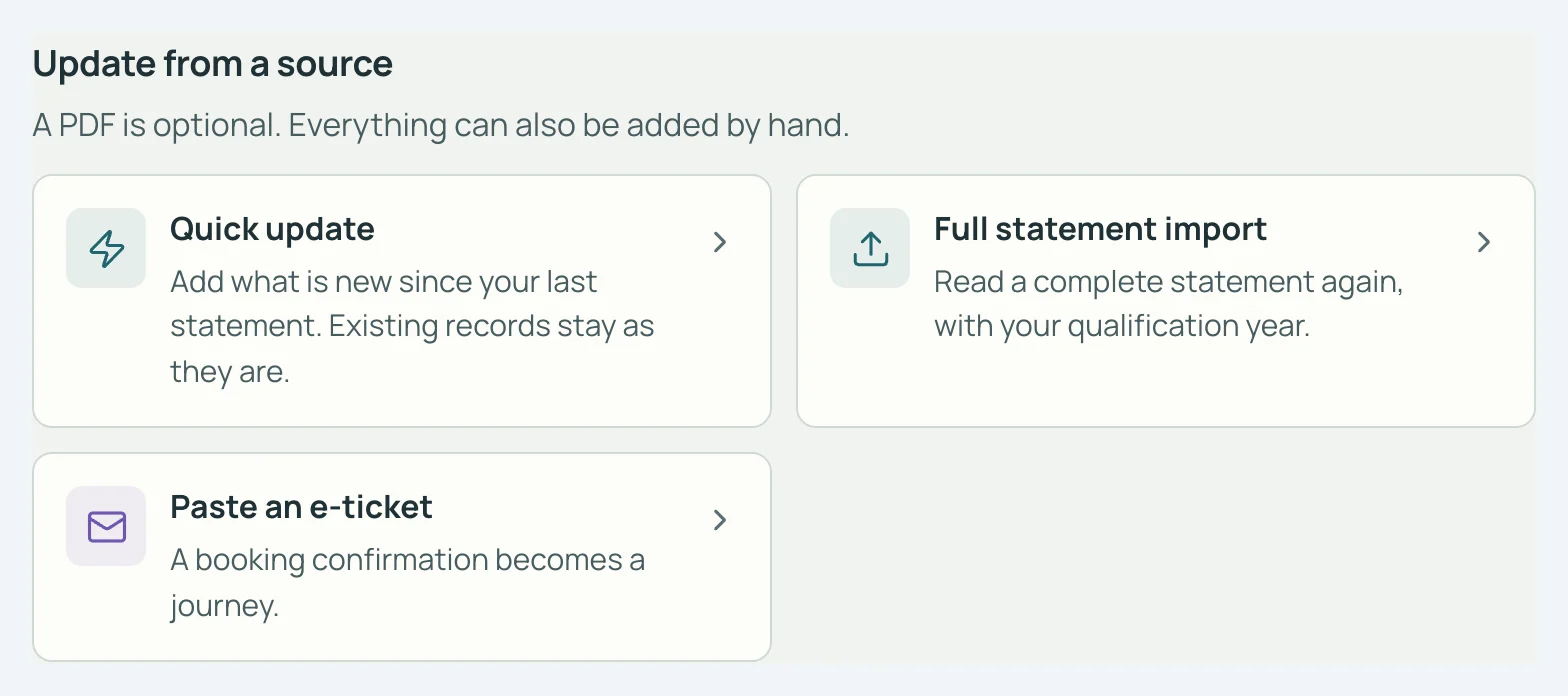 SkyStatus Update from a source panel: Quick update, Full statement import and Paste an e-ticket, with a note that a PDF is optional.