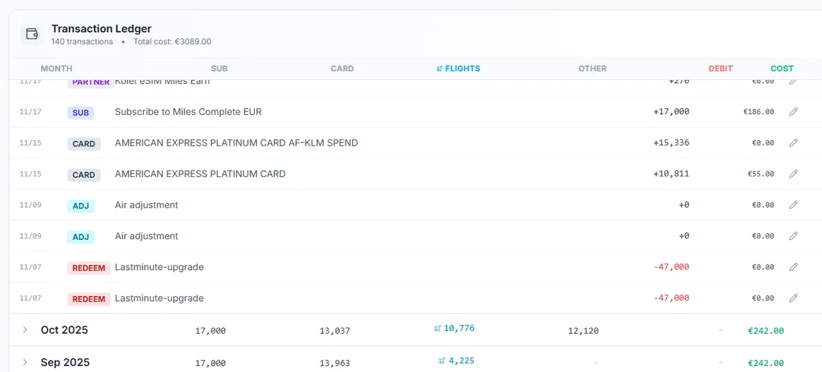 SkyStatus Transaction Ledger with two Lastminute-upgrade REDEEM transactions of -47,000 miles each