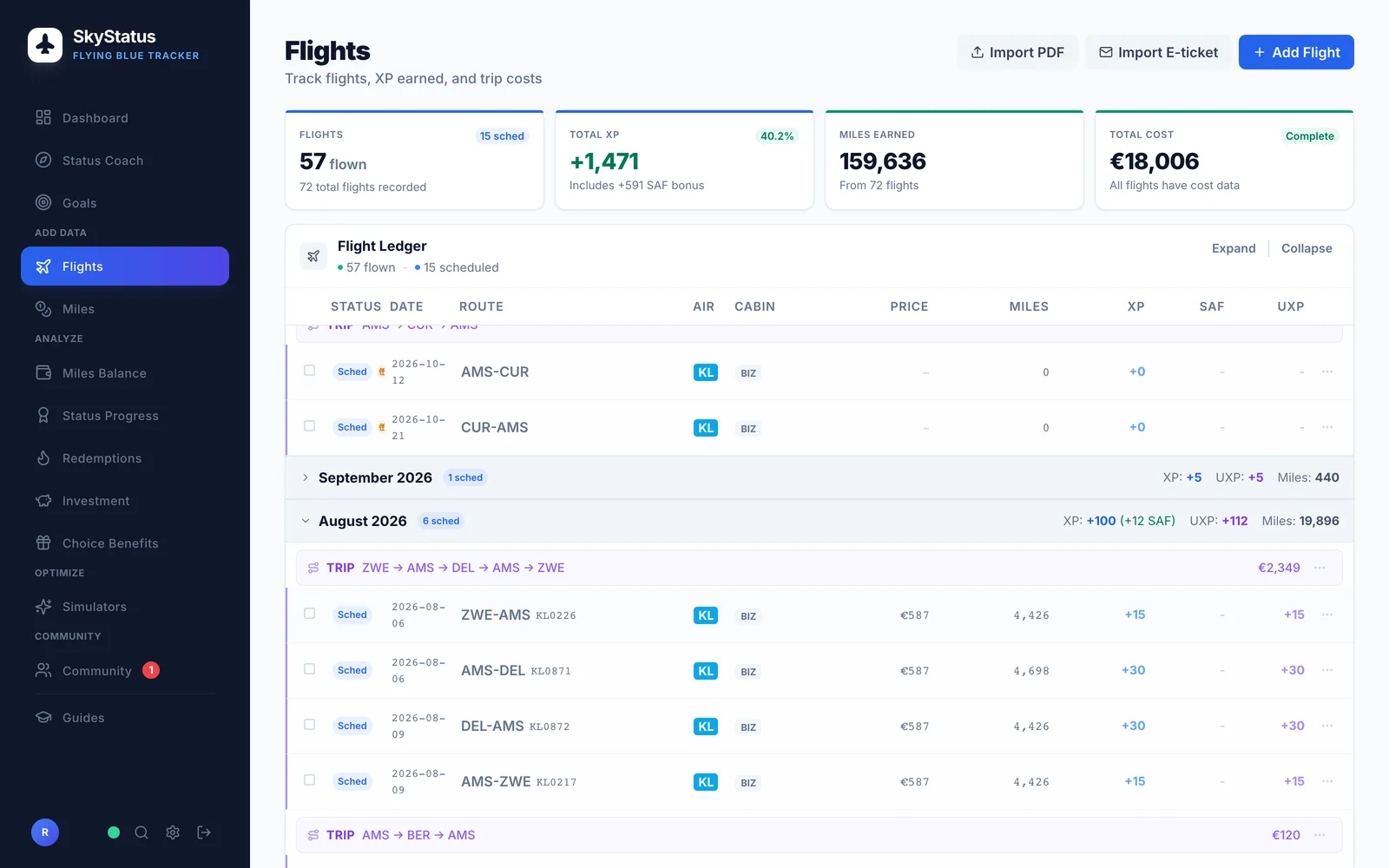SkyStatus Flug-Ledger mit aufgeklapptem Oktober und August 2026: eine geplante Award-Business-Reise AMS-CUR und zurück (0 Meilen, +0 XP, Award-Symbole) über einer geplanten Cash-Business-Reise ZWE-AMS-DEL mit Segmenten von +15 und +30 XP