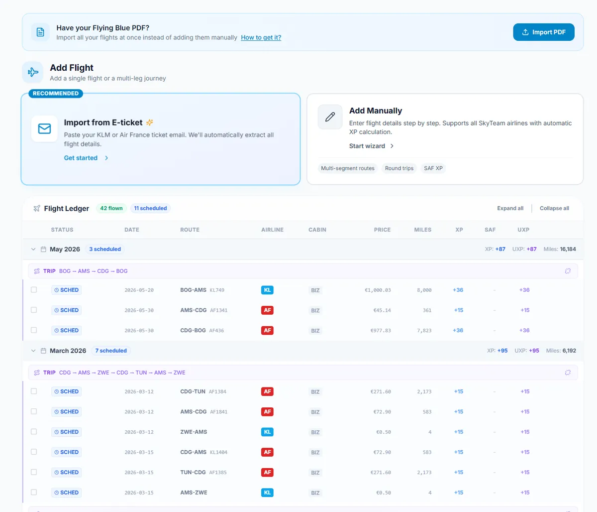 SkyStatus Flight Ledger with planned Business Class flights BOG-AMS, AMS-CDG and CDG-BOG