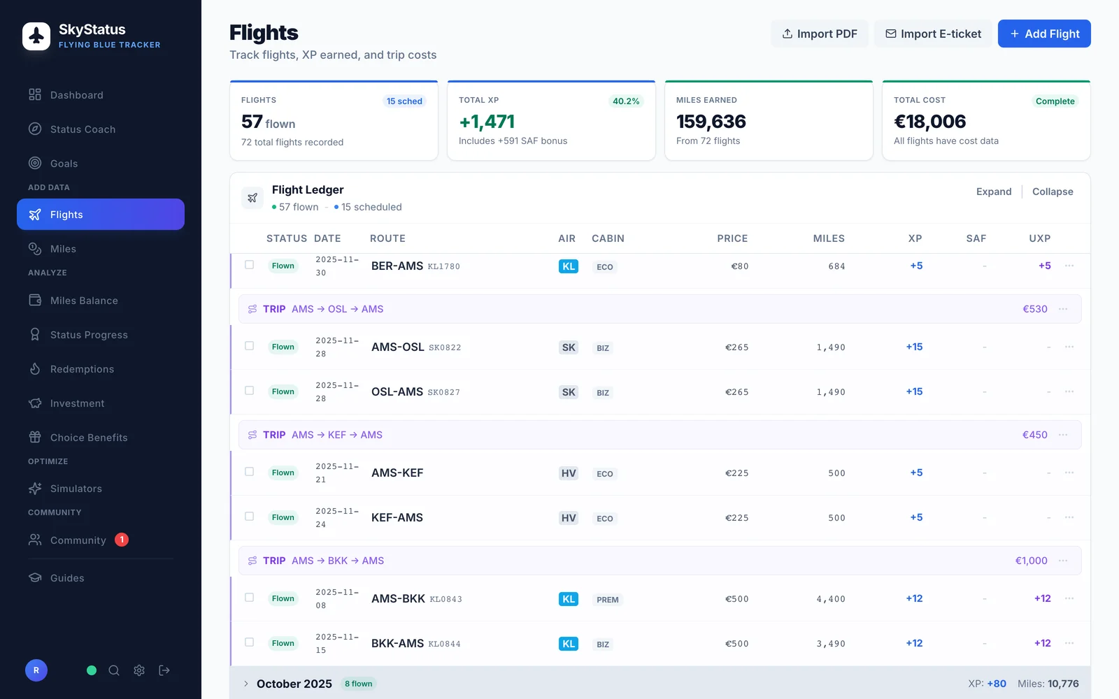 SkyStatus Flug-Ledger mit aufgeklapptem November 2025 und sichtbarer Kabinenspalte: BER-AMS KLM Economy +5 XP, AMS-OSL-AMS SAS Business +15 XP pro Segment, AMS-KEF-AMS Transavia Economy +5 XP und AMS-BKK-Segmente in Premium und Business mit je +12 XP verbucht