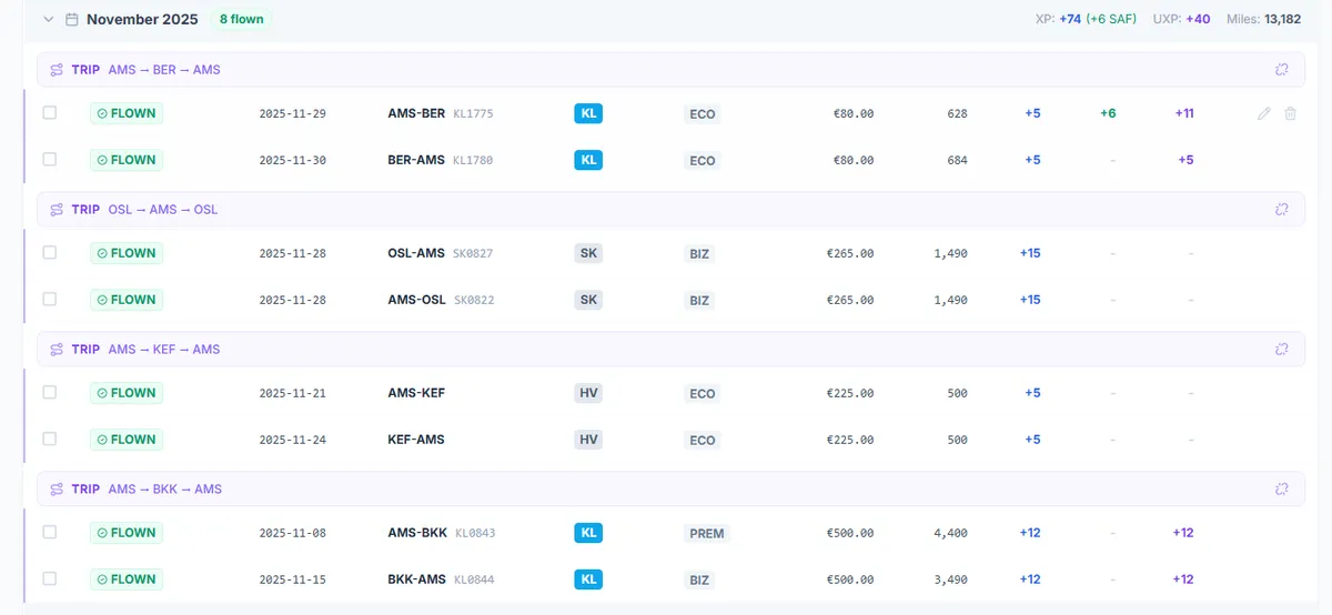 SkyStatus Flight Ledger: AMS-BKK Premium +12 XP and BKK-AMS Business +12 XP, SAS Business +15 XP, KLM Economy +5 XP