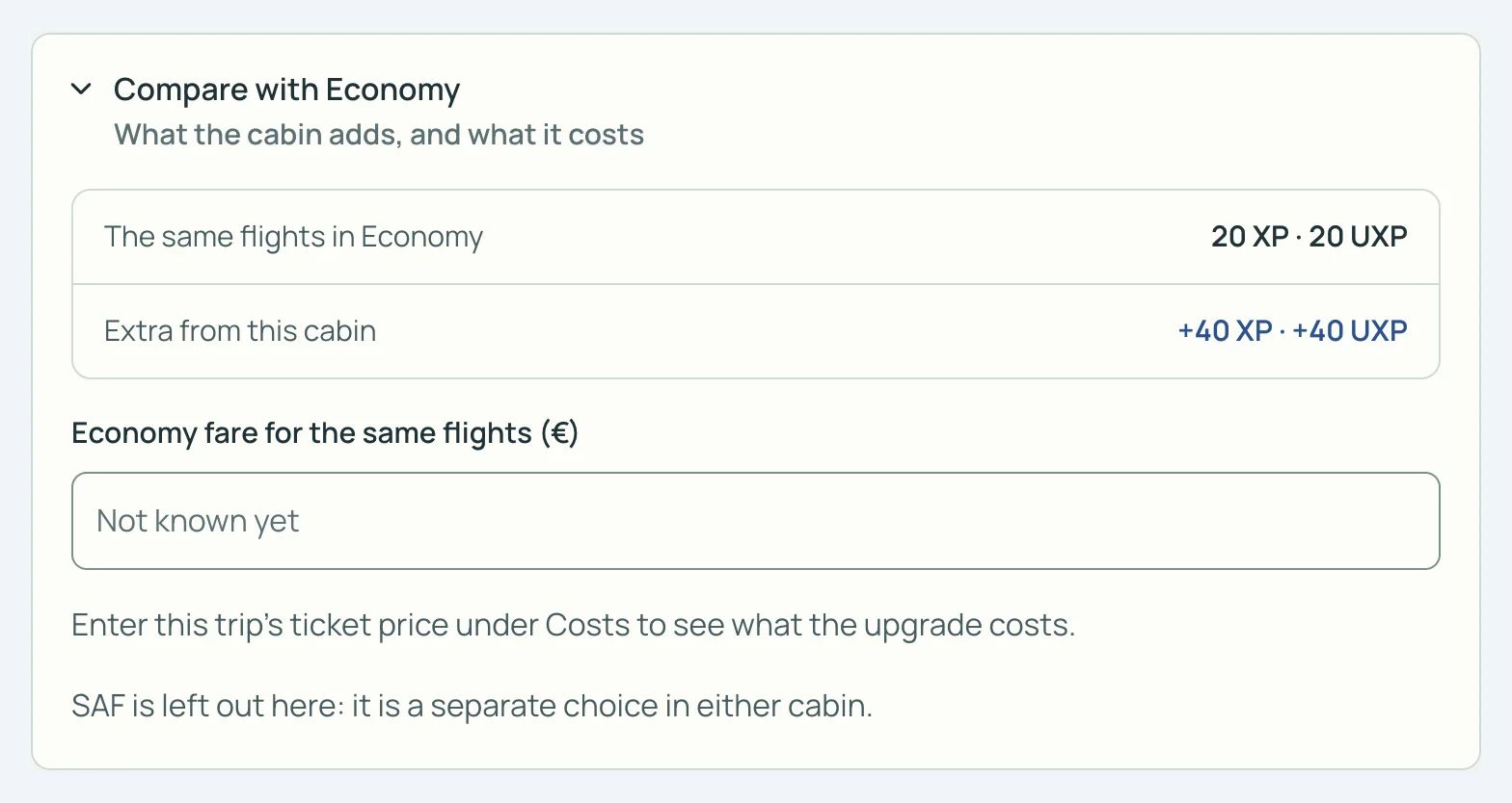 SkyStatus Plan a trip, Compare with Economy for a Business return Amsterdam to New York: Economy earns 20 XP, Business adds 40 XP and 40 UXP.