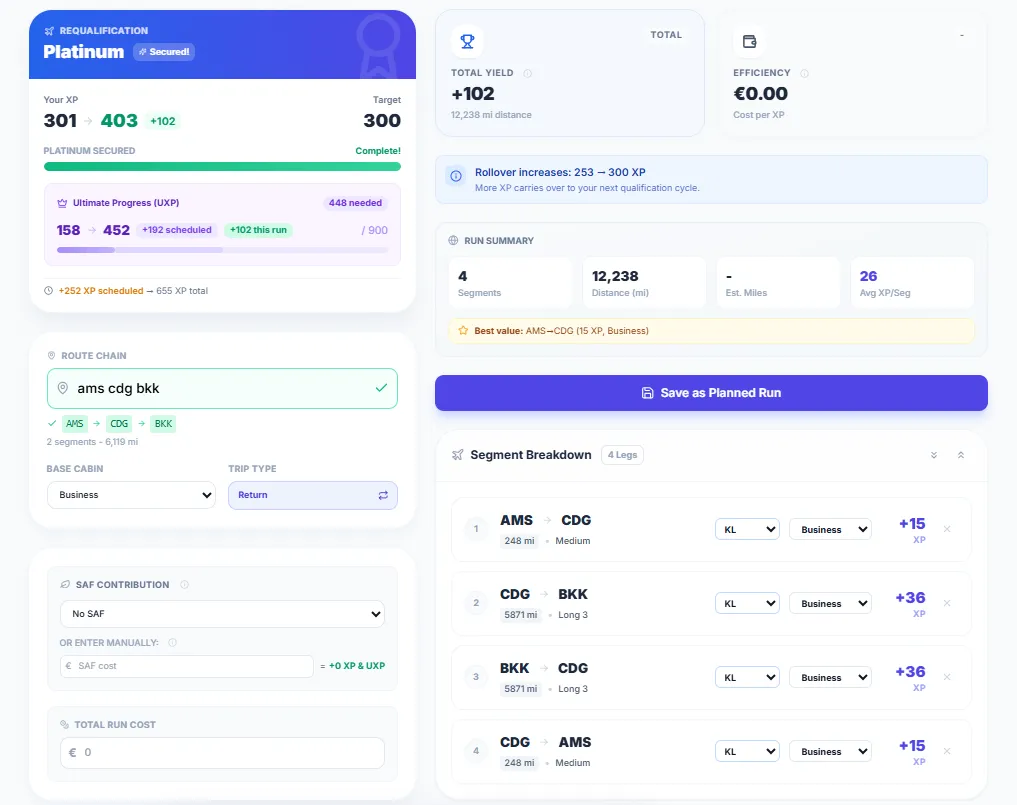 SkyStatus XP Simulator met AMS-CDG-BKK route in Business Class met 4 segmenten die samen 102 XP opleveren - AMS naar CDG 15 XP, CDG naar BKK 36 XP per richting, plus retour CDG naar AMS 15 XP