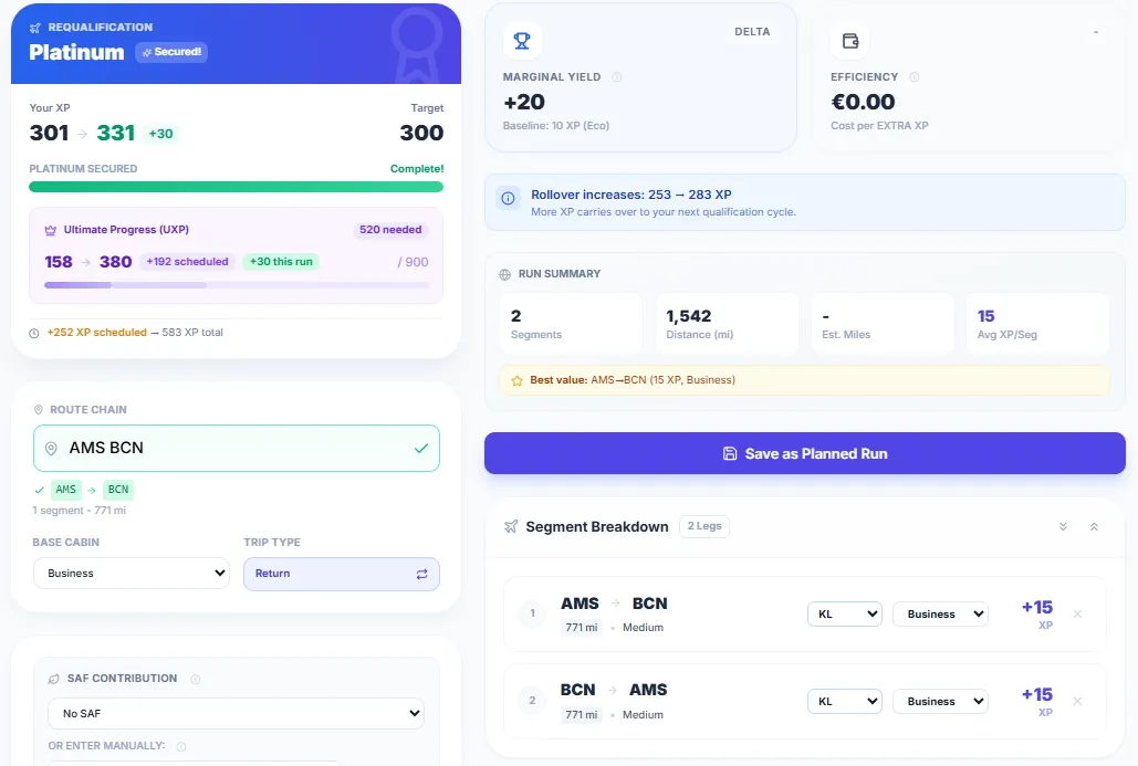 SkyStatus XP Simulator met AMS-BCN Barcelona route in Business Class, 2 segmenten die 30 XP retour opleveren bij 15 XP per leg, marginale opbrengst +20 boven Economy baseline, rollover stijgt van 253 naar 283