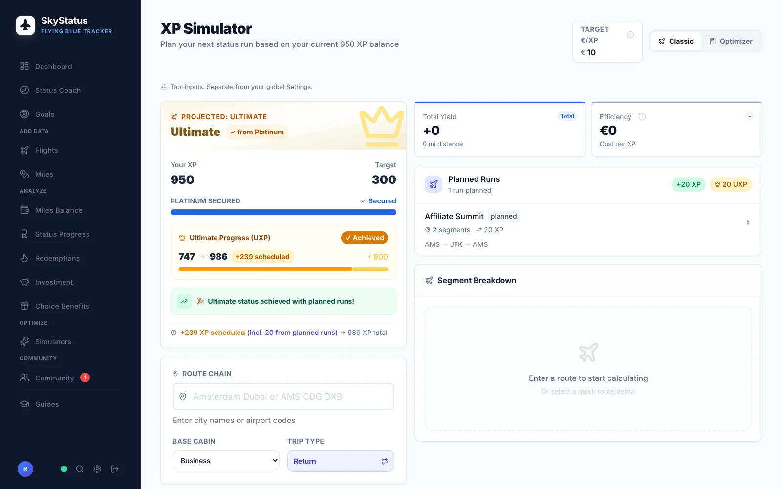 SkyStatus XP Simulator Startbildschirm mit Platinum Secured Status, leerem Routenketten-Eingabefeld und Business als voreingestellter Kabine
