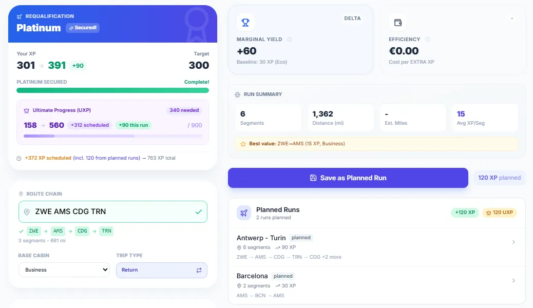 SkyStatus XP Simulator met Planned Runs paneel met twee opgeslagen mileage runs - Antwerpen-Turijn via Parijs met 90 XP en Barcelona met 30 XP, totaal 120 XP gepland, met Save as Planned Run knop en verwachte status van 391 XP