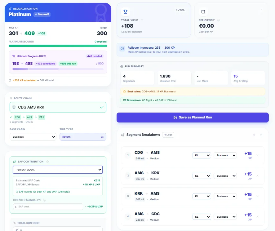 SkyStatus XP Simulator met CDG-AMS-KRK route in Business met Full SAF-bijdrage die 48 bonus XP toevoegt bovenop 60 vlucht-XP voor 108 totaal, geschatte SAF-kosten 310 euro
