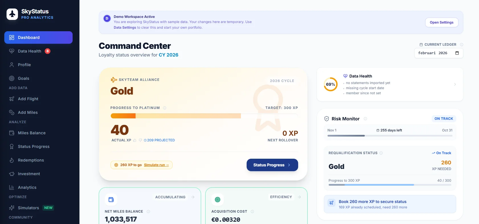 SkyStatus Dashboard van een Gold-lid met 40 XP en 260 XP nodig voor requalificatie - de typische uitgangspositie voor XP-strategieen