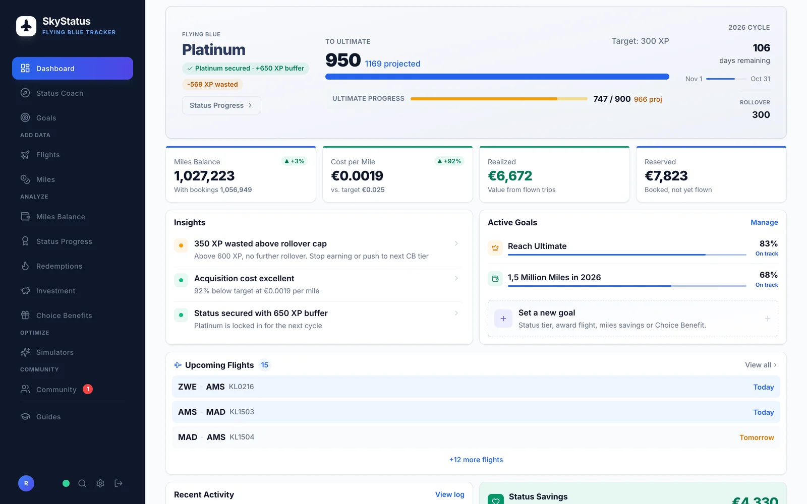 SkyStatus Dashboard eines Platinum-Mitglieds: Platinum gesichert mit +650 XP Puffer, 950 XP mit 1.169 prognostiziert, Ultimate Progress 747 UXP von 900 und Rollover-Stand 300 im Aufbau