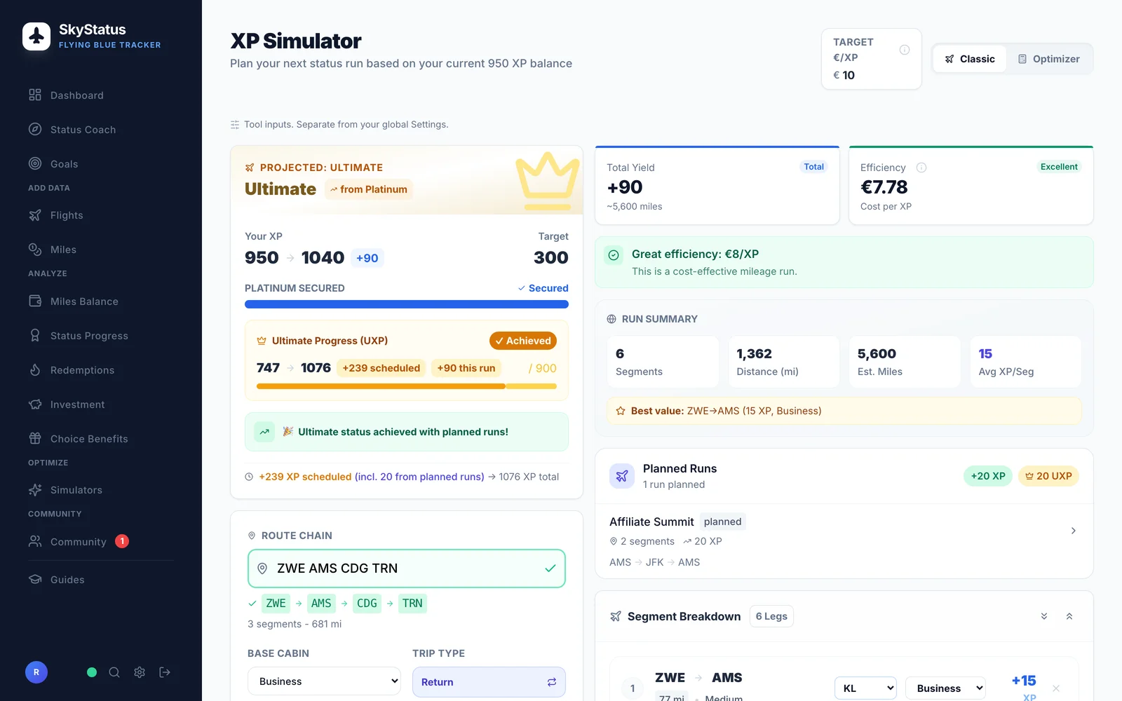 SkyStatus XP Simulator mit Route ZWE-AMS-CDG-TRN als Hin- und Rückflug in Business: 6 Segmente, +90 XP gesamt, 7,78 EUR Kosten pro XP mit Bewertung Excellent und Projektion von 950 auf 1.040 XP