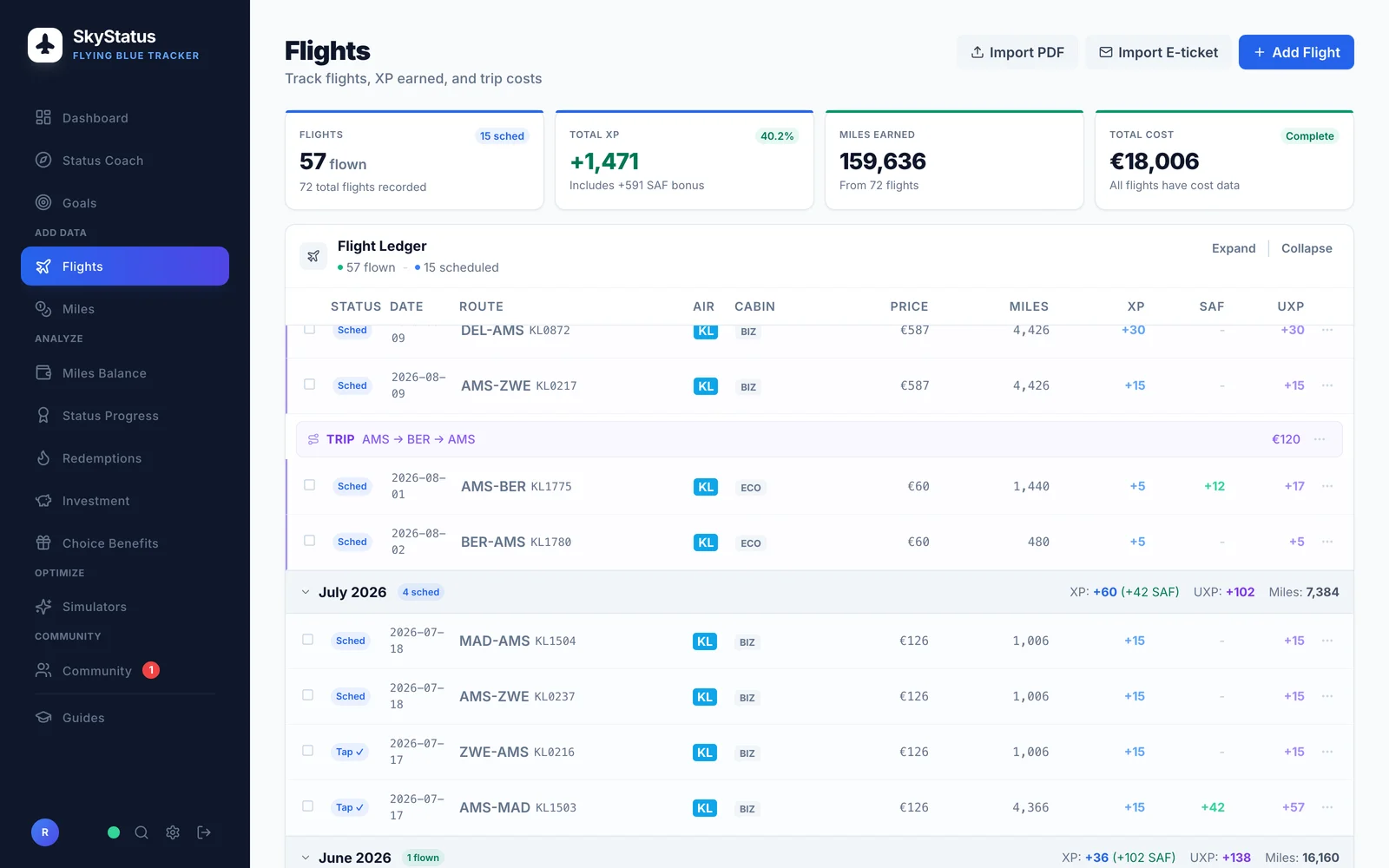 SkyStatus-Flugliste mit XP, SAF und UXP pro Segment: AMS-BER Economy +5 XP mit +12 SAF-Bonus, AMS-MAD Business +15 XP mit +42 SAF, Monatssumme Juli 2026 mit +60 XP (+42 SAF)